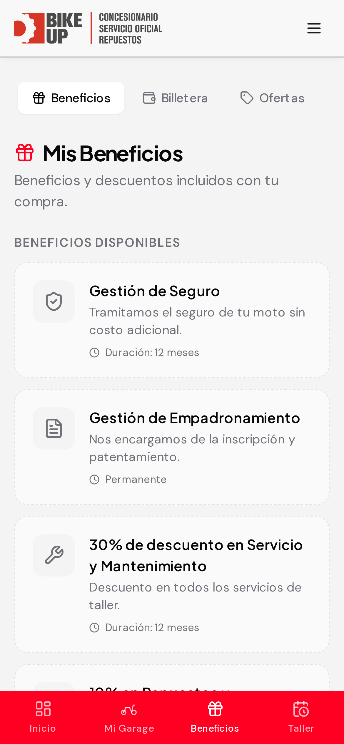 Pantalla Beneficios de la app Mebru