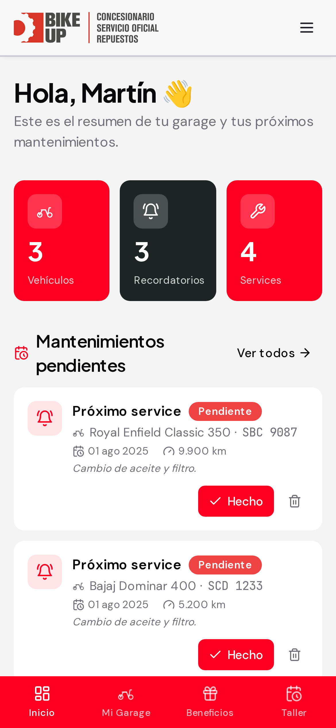 Pantalla Inicio de la app Mebru