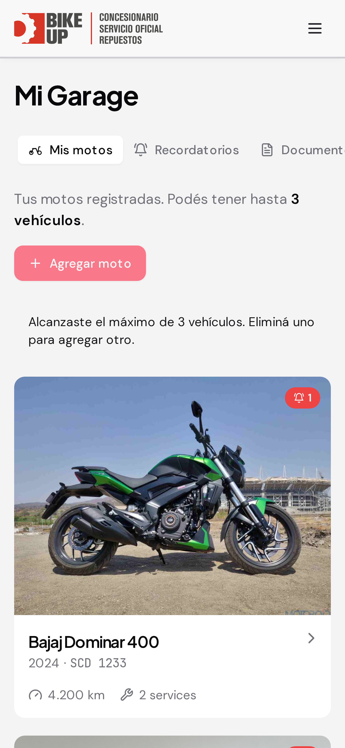 Pantalla Mi Garage de la app Mebru